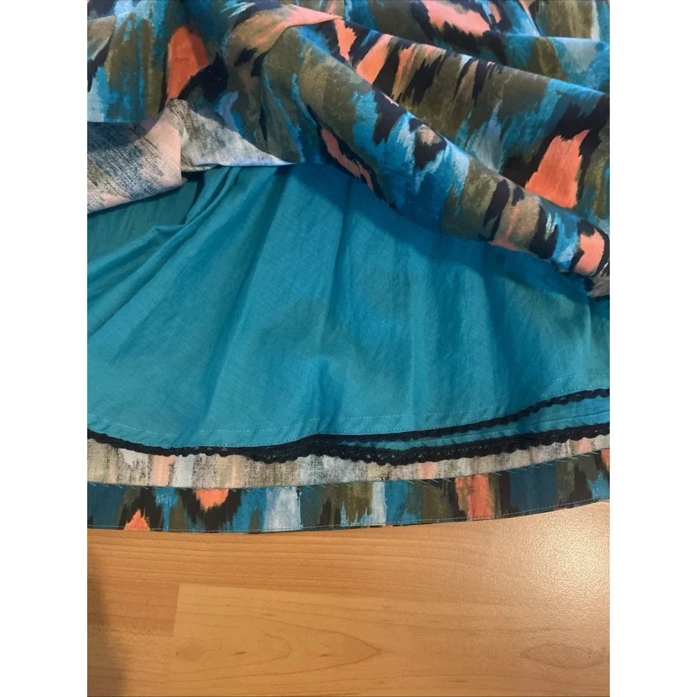 Anthropologie Girls From Savoy Teal‎ Painted Ikat Flared Strapless Dress Size 8